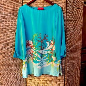 💙Lilly Pulitzer 🐬🏝🦀🐚🐙 Size 14 Silk Blend Tunic Blouse.